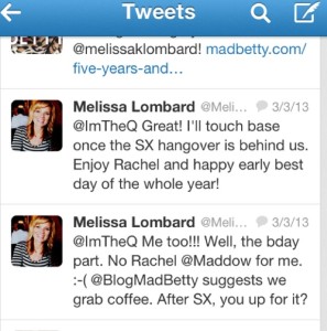 Tweets between Melissa Lombard and Amanda Quraishi setting up Coffee With A Stranger