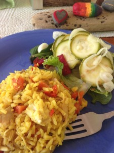 Arroz con pollo and homemade pickles.